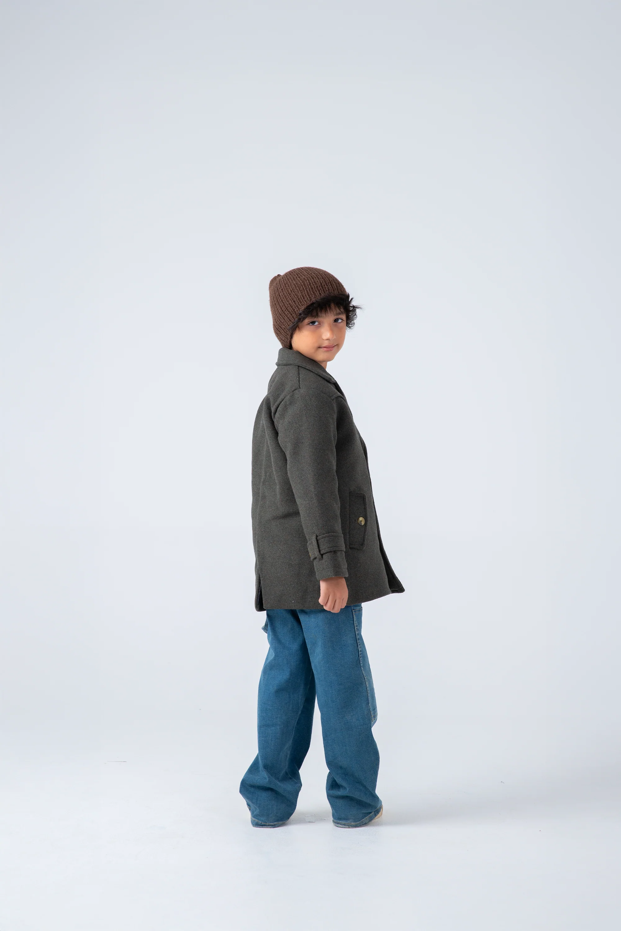 Boys Chic Olive Felt Coat - Image 2