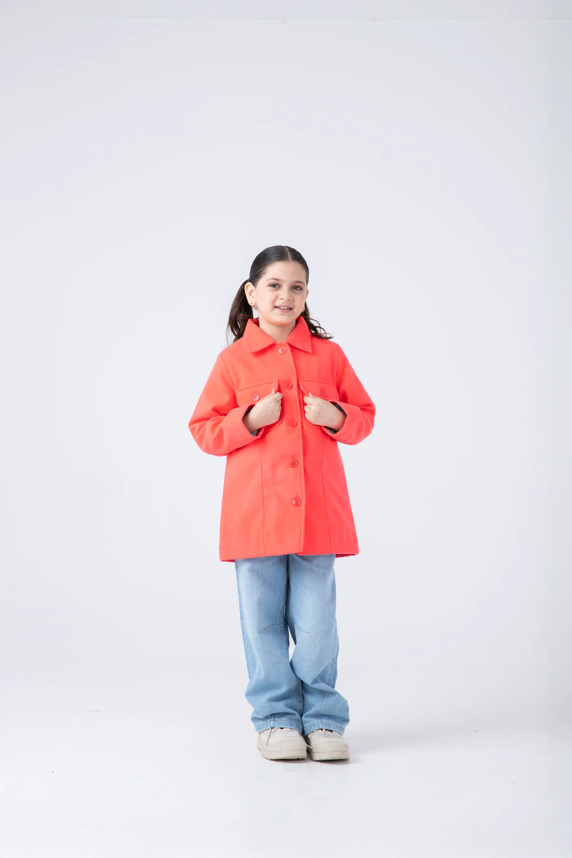 Girls Bold Coral Felt Coat - Image 2