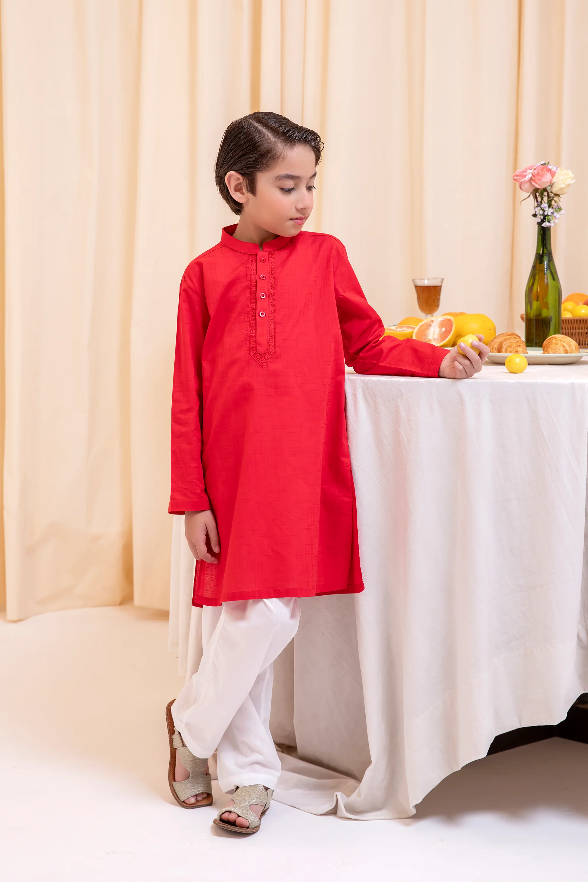 Boys Red Embroidered Cotton Kurta - Image 3