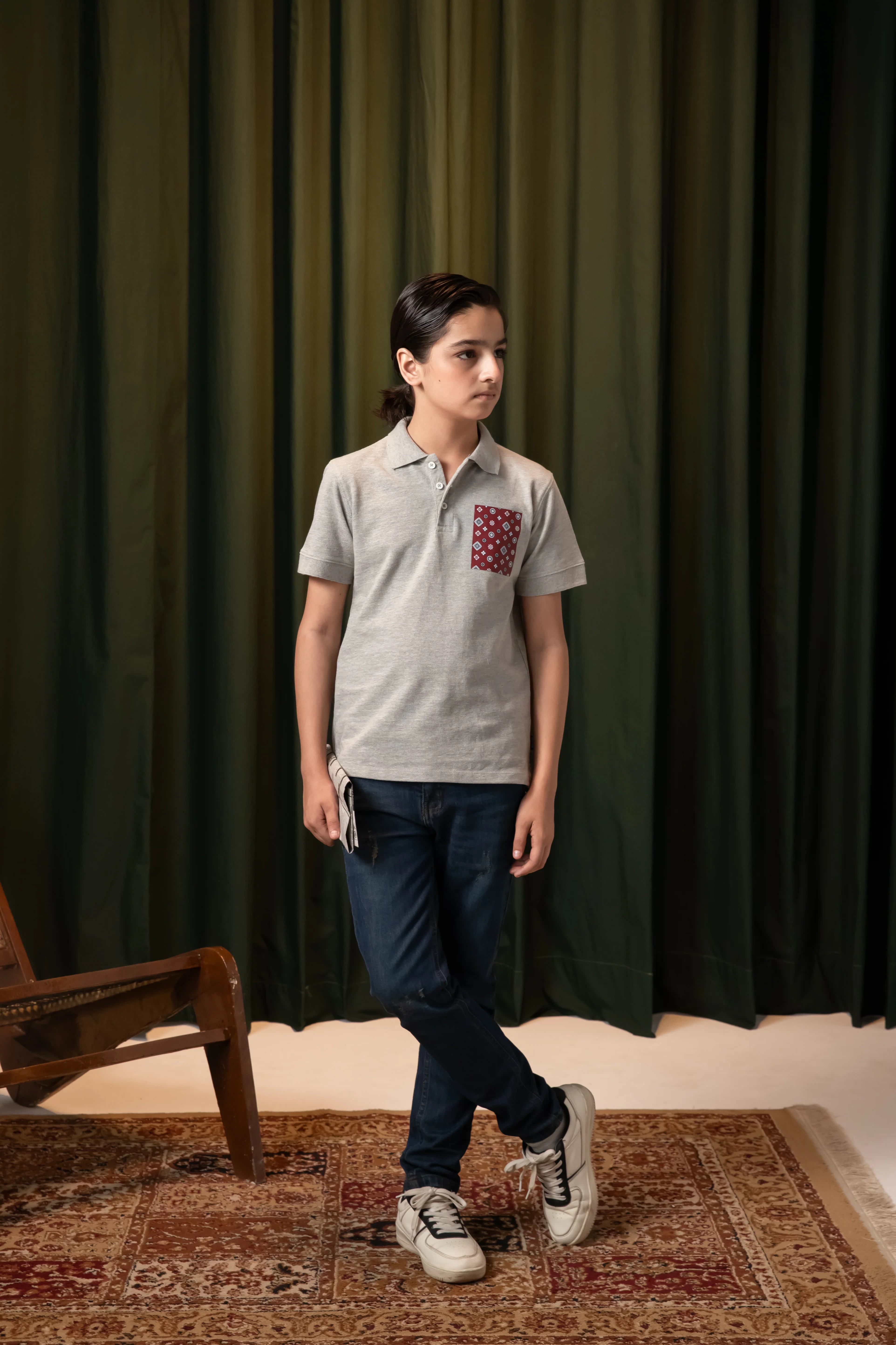 Grey Ajrak Boys Polo