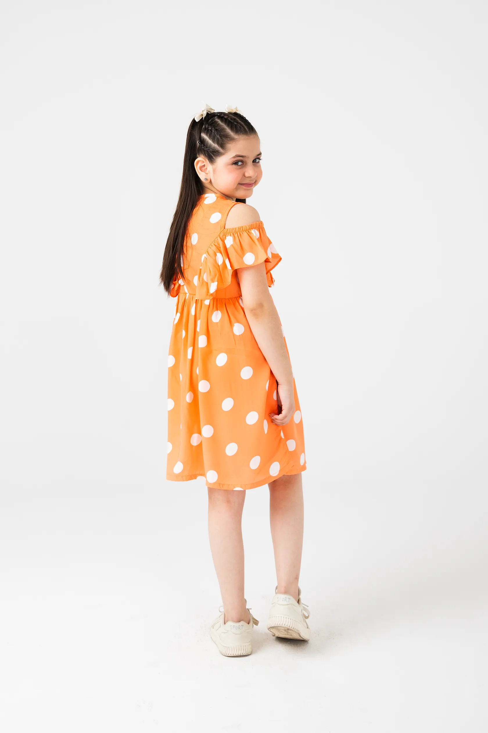 Orange Polka Dot Off-Shoulder Dress - Image 3