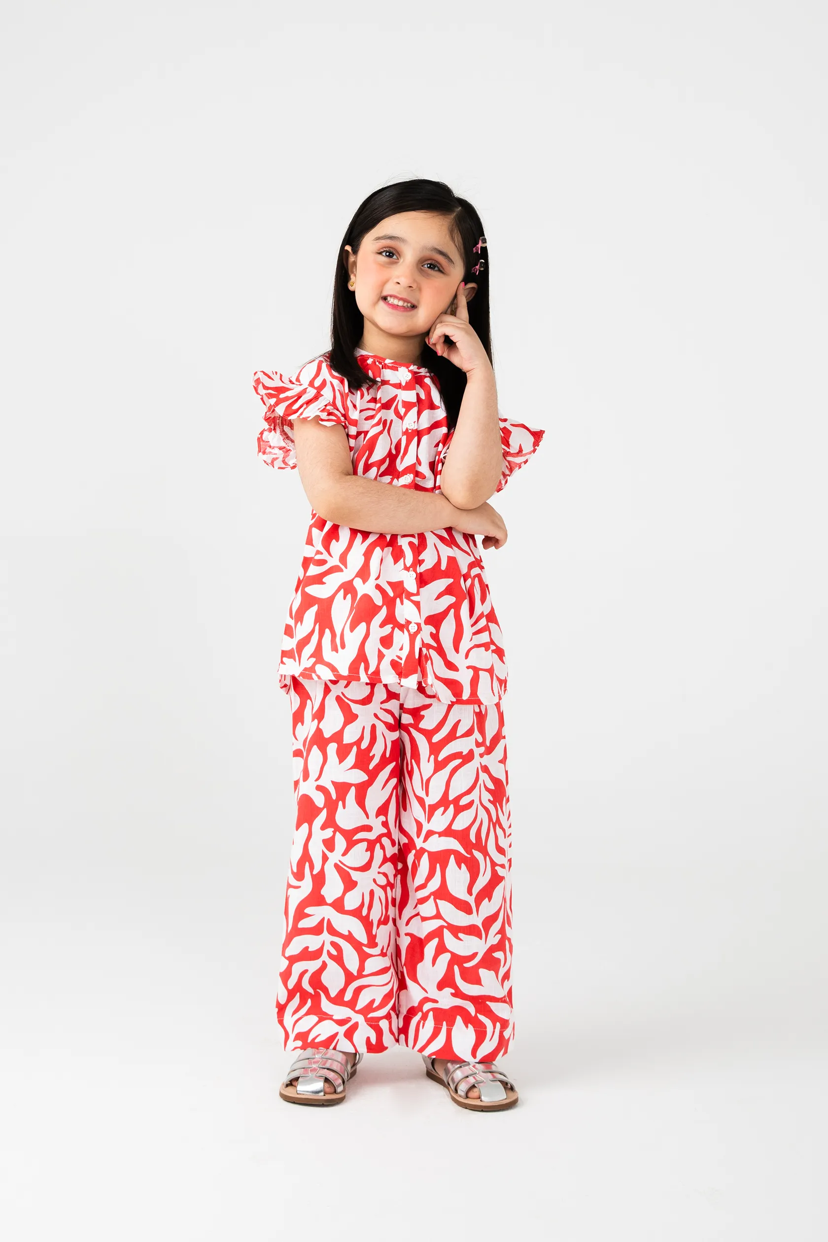 Girls Red Printed Cotton Co-ord Set - Image 2