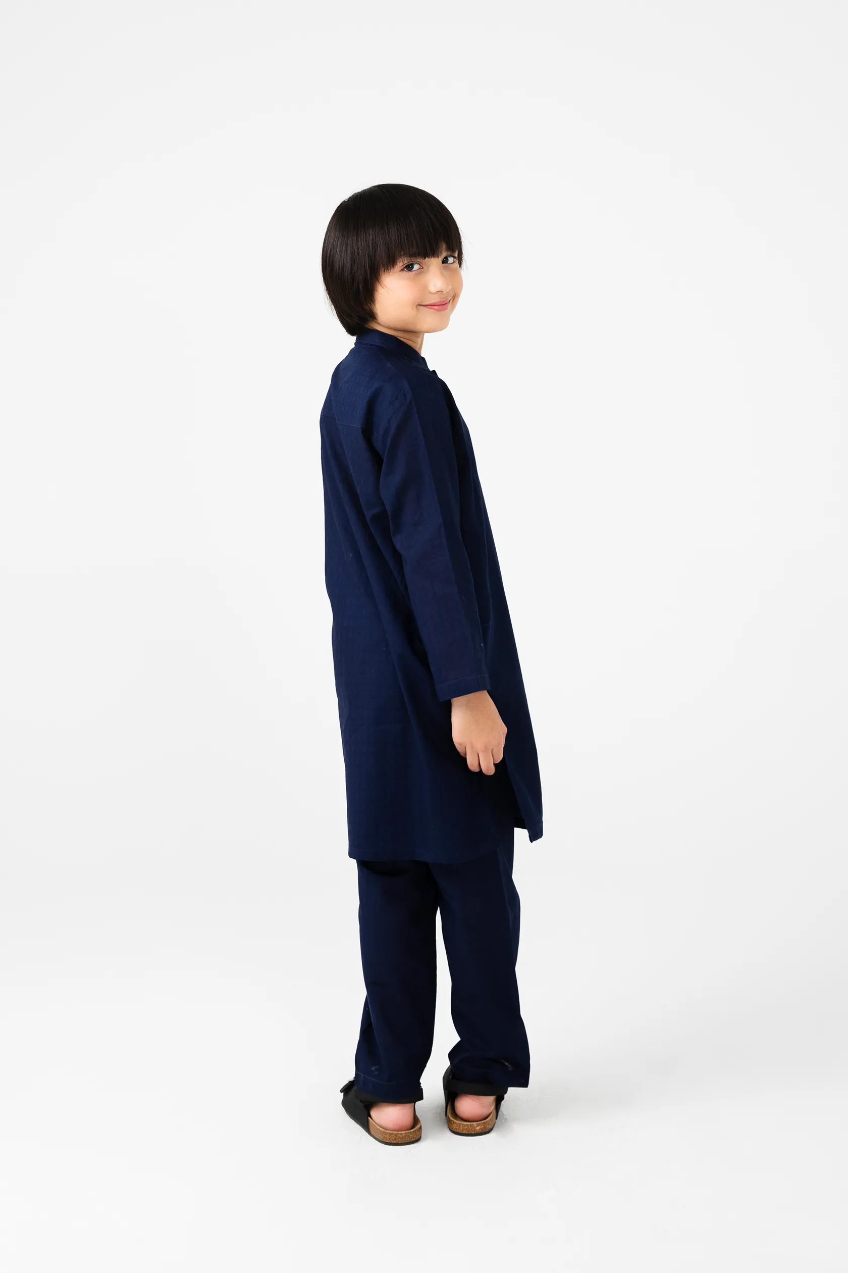 Boys Navy Blue Cotton Jacquard Kurta Set - Image 2