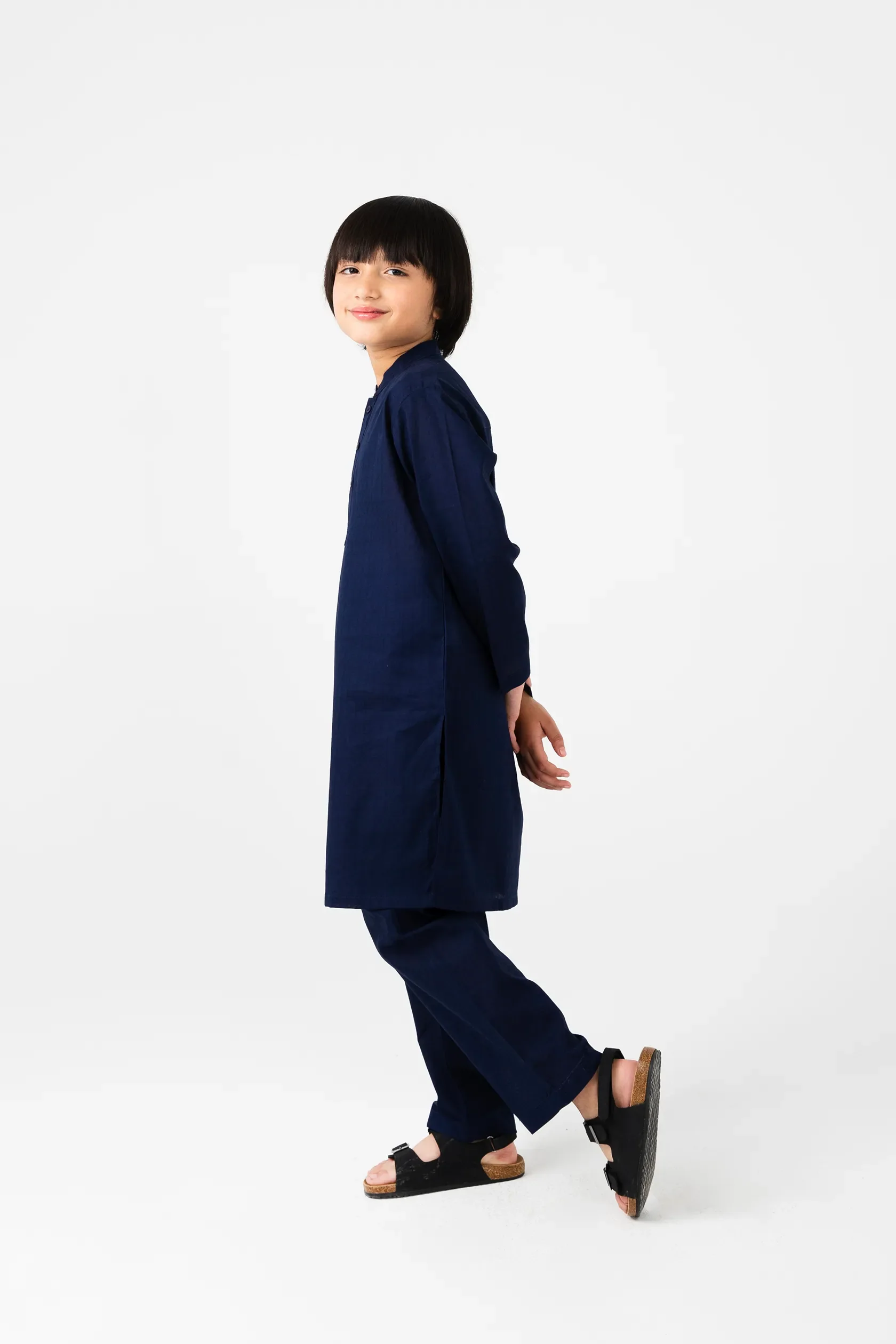Boys Navy Blue Cotton Jacquard Kurta Set - Image 3