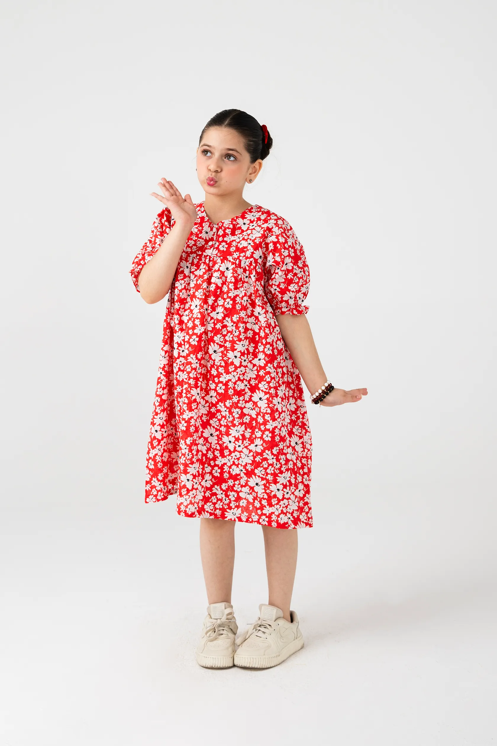 Red Puffy-Sleeve Cotton Dress - Image 2