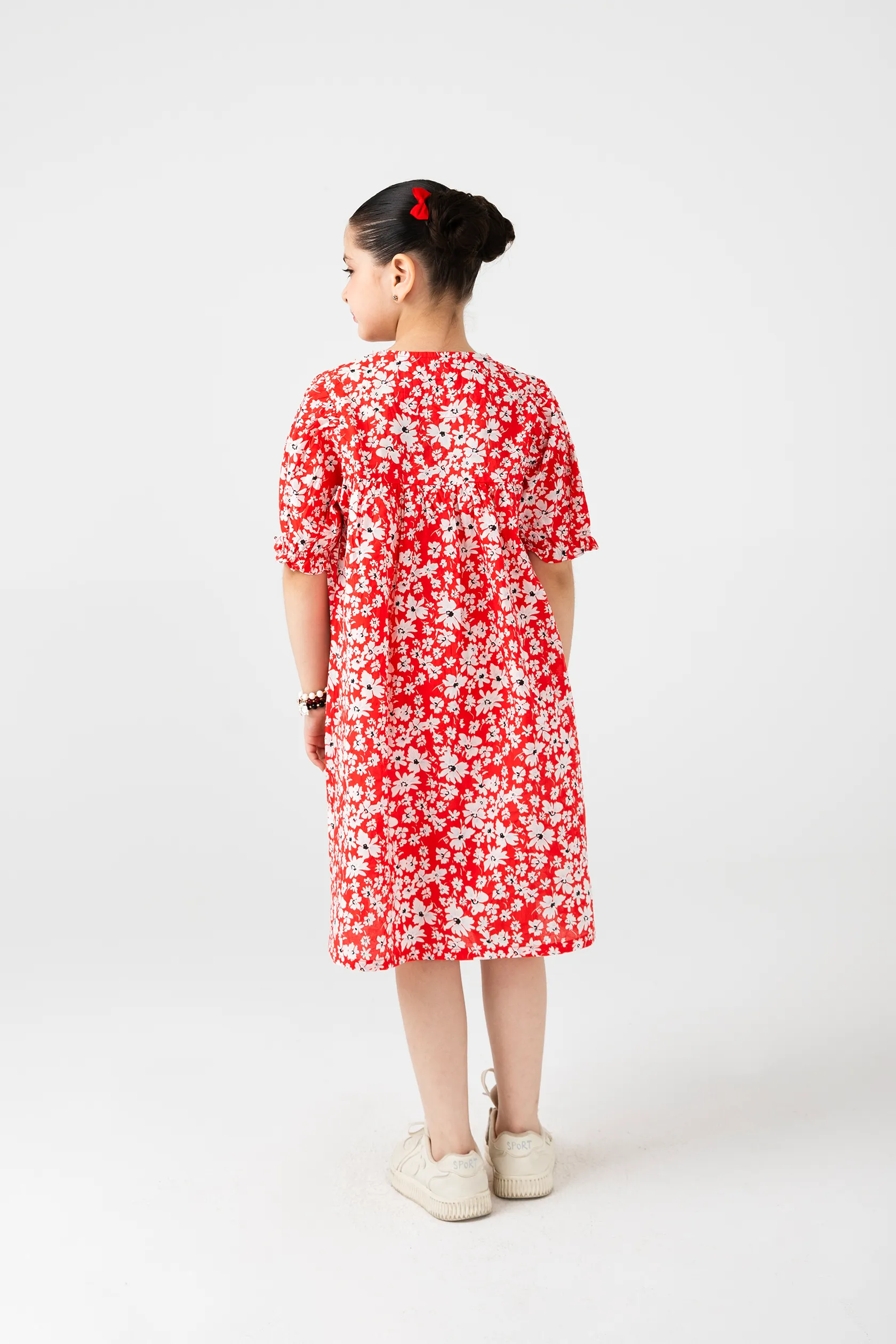 Red Puffy-Sleeve Cotton Dress - Image 3