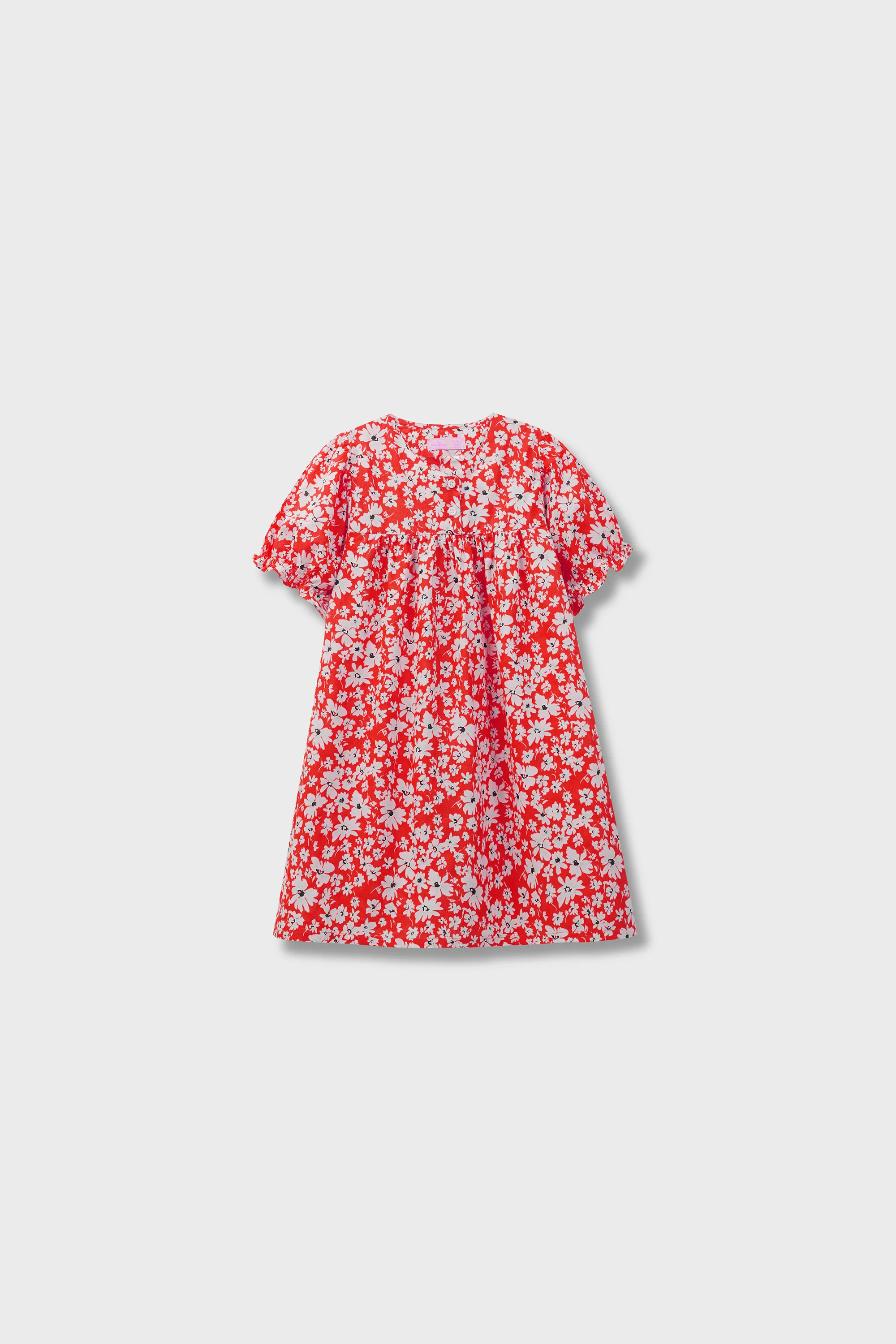 Red Puffy-Sleeve Cotton Dress - Image 4