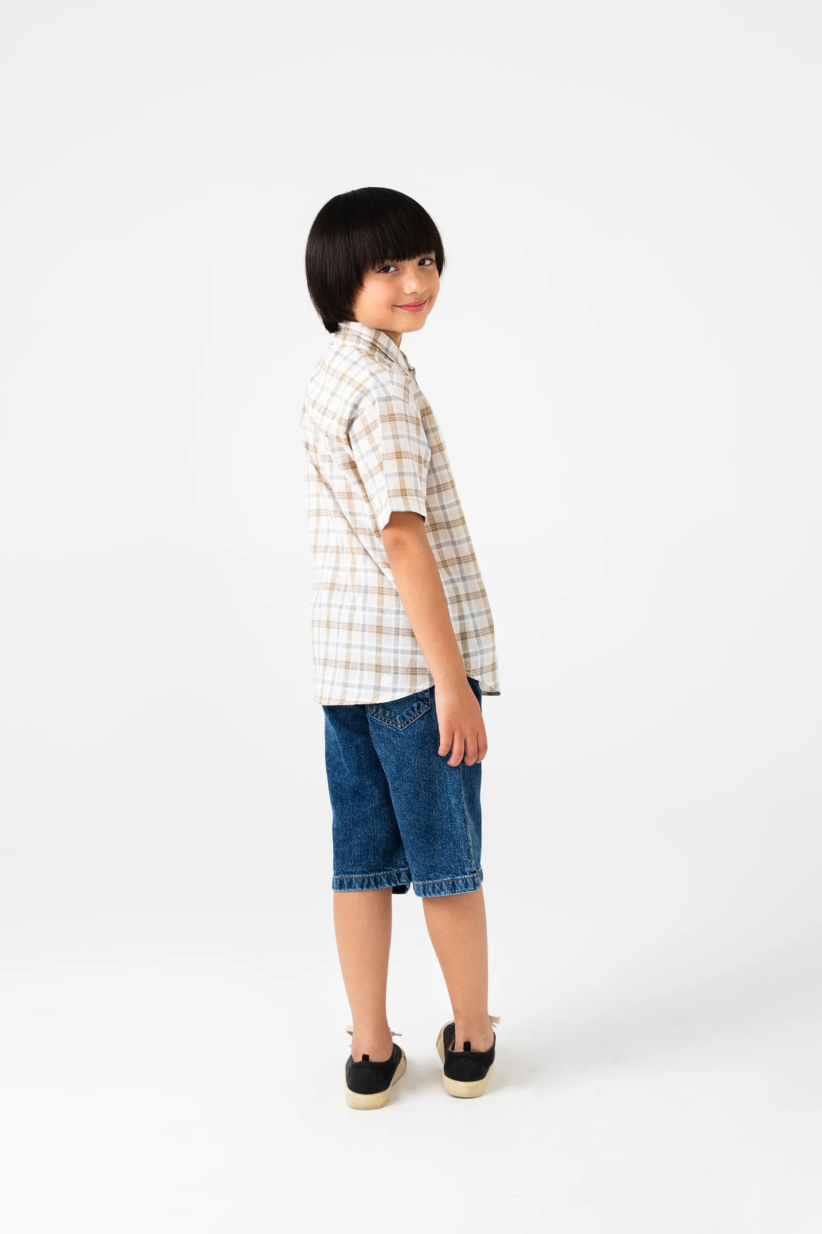 Boys Off-white Cotton Plaid Shirt - Image 3